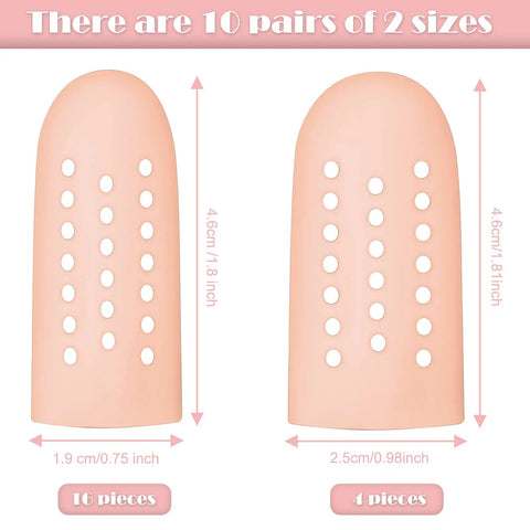 Gel Finger Cots Set 20 Piece Silicone Finger Protectors showing 16 small and 4 large sizes with dimensions labeled.