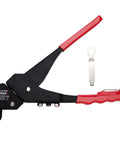 One-Handed Swivel Rivet Tool For Metal Fabric Leather And Auto Repair Manual Riveter with red handles and accessory tool.