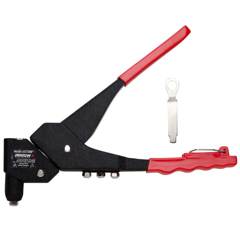One-Handed Swivel Rivet Tool For Metal Fabric Leather And Auto Repair Manual Riveter with red handles and accessory tool.