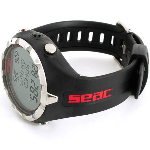 Freediving Computer With Backlit LCD Screen And Real Time Data, shown in black and red with strap and display details