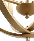 Close-up of gold orb chandelier with openwork globe spheres, part of a modern 3 light fixture for dining room, bedroom, living room.