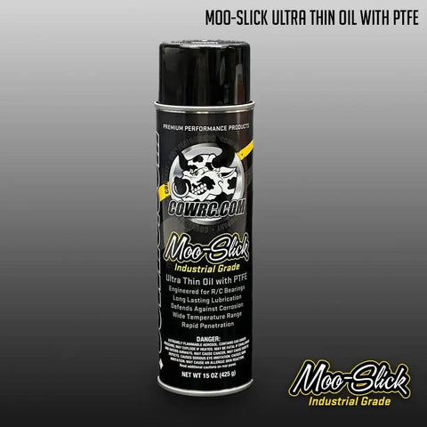 Front view of Moo-Slick Ultra Thin Oil With PTFE For RC Bearings Gears And Linkages Industrial Grade Lubricant 15 Oz can.