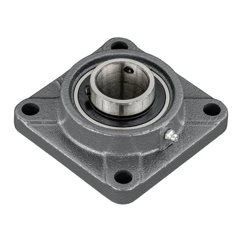 1-1/2 Inch Set Screw 4 Bolt Flange Bearing Pack of 2 Heavy Duty Cast Iron Housing showing inner bearing and mounting points.