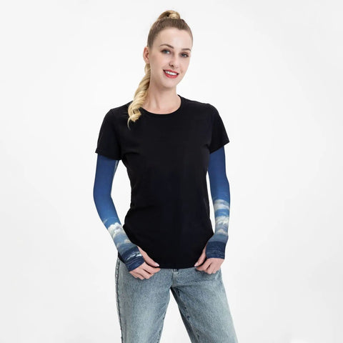 Moisture Wicking Ice Silk Arm Sleeves For Outdoor Sailing And Yacht Trips, Breathable Long Sleeve UV Protection With Thumb Hole, woman wearing