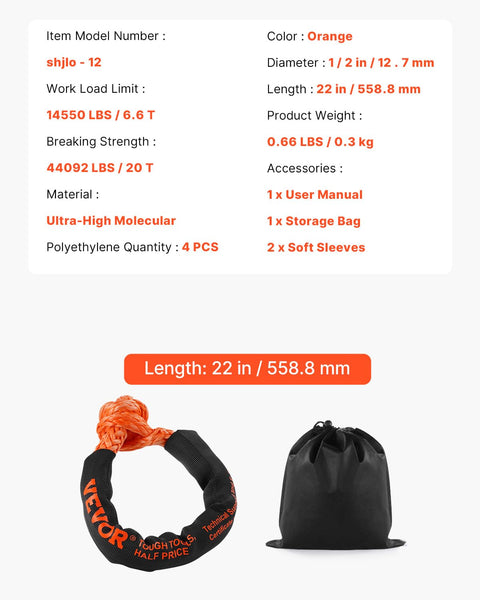 Two Pack 1/2 Inch By 22 Inch Synthetic Soft Shackles With 20 Ton Breaking Strength Heavy Duty Recovery Tow Shackles Includes Extra Sleeves And Storage Bag For UTV ATV Trucks Off Road Vehicles Orange with packaging