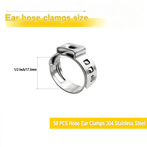 Beefy 304 Stainless Steel Hose Ear Clamp Set Fits 15mm To 17.5mm Hoses Single Ear Clip For Securing Pipes And Hoses In Automotive Marine Garden And Industrial Use 58 Pieces