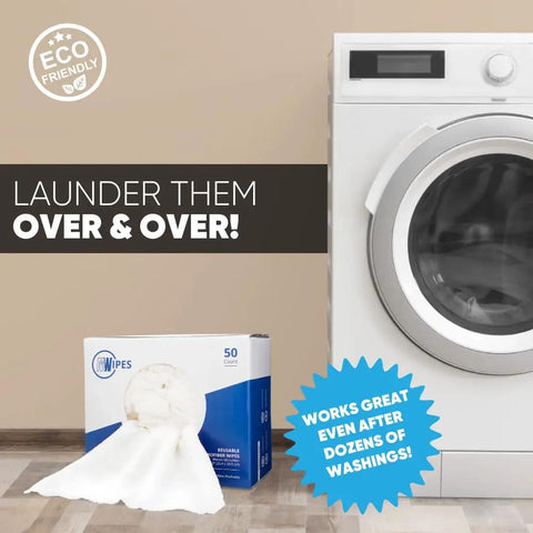 Box of Ultra-Absorbent Microfiber Rags in A Box, 50 Count, 10 By 12 Inches Reusable Wipes for Cleaning next to washing machine.