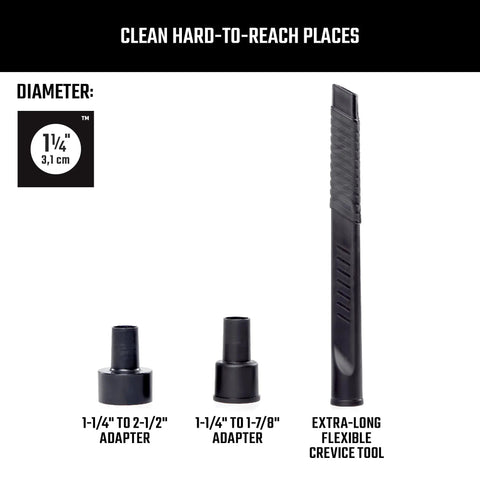 Industrial Grade Flexible Crevice Tool Wet Dry Vac Attachment Kit showing extra-long flexible tool and adapters