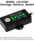 Mini LED Battery Indicator For DC 12/24V Lifepo4 Batteries With Five Column Green LED Gauge Battery Power Monitor For Golf Carts Forklifts And Equipment Auto Recognizes 12V Or 24V And Shows Twenty Percent Increments. Black rectangular battery meter with green LED bars and ON button