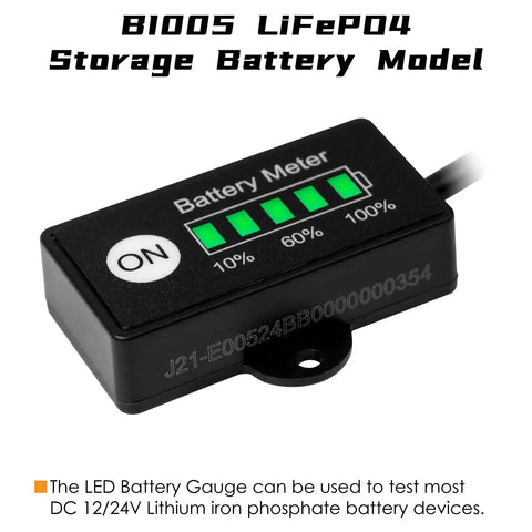Mini LED Battery Indicator For DC 12/24V Lifepo4 Batteries With Five Column Green LED Gauge Battery Power Monitor For Golf Carts Forklifts And Equipment Auto Recognizes 12V Or 24V And Shows Twenty Percent Increments. Black rectangular battery meter with green LED bars and ON button