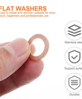 Premium Copper Flat Washer And Oil Seal Gasket Kit Featuring 200pcs Assorted Sizes For Beefy Automotive And Home Projects Seals Tightly Engine Oil Pan Metric Fits Zero Leak Performance Fixes Your Cars And Machinery Problem Easily. Red copper flat washer held between fingers