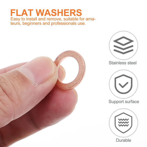 Super Duper Copper Flat Gasket Set Assortment Kit With 200 Pieces For Tough Oil Seal Leak Repair In Auto And Industrial Projects Easy To Install, copper washer close-up