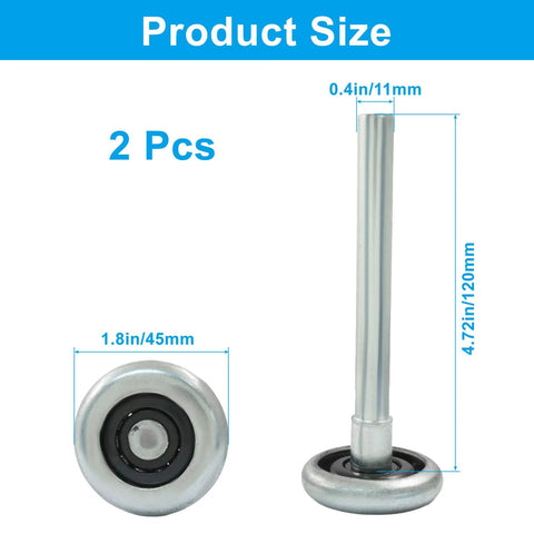 Two Pack 1.8 Inch Steel Garage Door Rollers For 2 Inch Tracks, side view showing roller and stem dimensions.