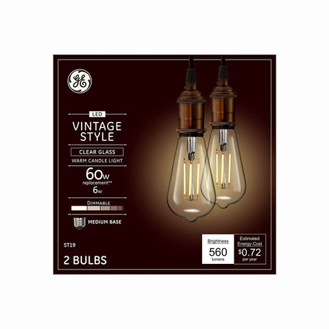 Retro Edison Style LED Bulbs Two Pack With Clear Glass Warm Candle Glow Six Watt LED Equivalent To Sixty Watt Dimmable Medium Base