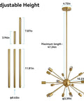 Diagram of Sputnik Chandeliers 18 Light Large Modern Mid Century Ceiling Fixture with Adjustable Arms and dimensions.