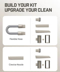 Slim V10 Ultra Cordless Car Vacuum 4 In 1 attachments, flexible hose, crevice nozzle displayed for customization.
