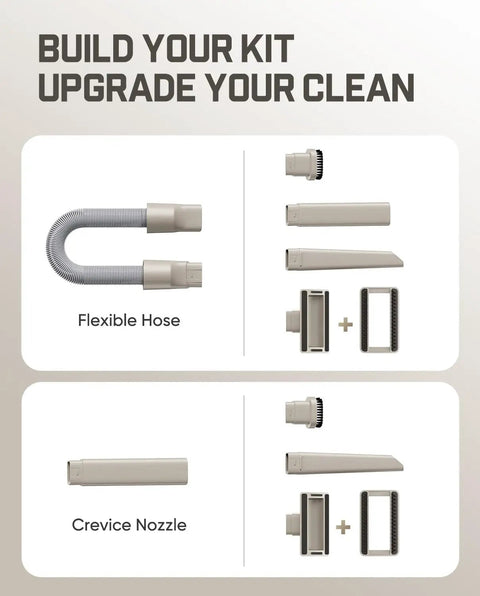 Slim V10 Ultra Cordless Car Vacuum 4 In 1 attachments, flexible hose, crevice nozzle displayed for customization.