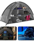 Collapsible Camping Storage Organizer With Nine Shelves, Heavy Duty Oxford Cloth Gear Rack for shoes and clothes displayed