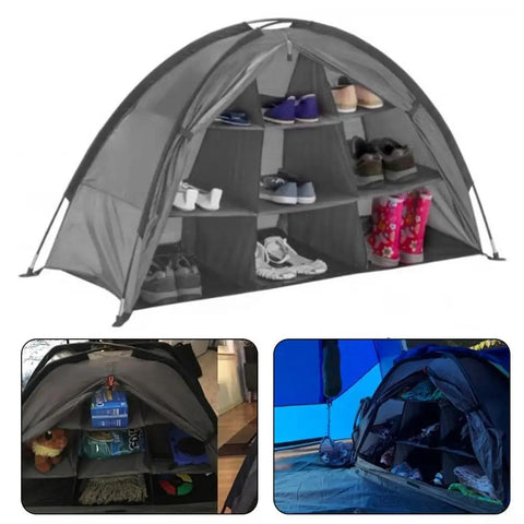 Collapsible Camping Storage Organizer With Nine Shelves, Heavy Duty Oxford Cloth Gear Rack for shoes and clothes displayed