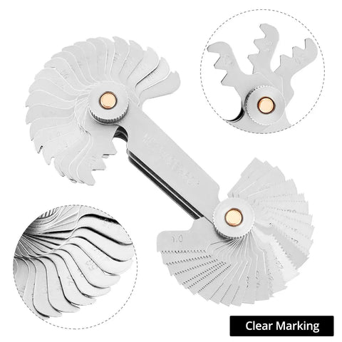 Must-Have 5 Piece Thread Pitch Gauge Tool Set In Stainless Steel With SAE And Metric Markings, Easy Read Gauges, close-up