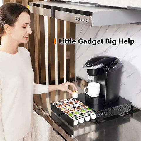 Woman using K Cup Drawer Organizer With Sliding Tray And Pull Out Pod Holder Rolling Stand For Keurig Countertop Coffee Pod Storage