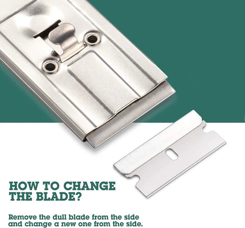 Close-up of Heavy Duty Razor Scraper Set With All Metal Construction, showing blade change demonstration with extra blade