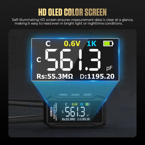 Pro Grade Auto Component Recognizing LCR Tweezers Meter with OLED display showing large measurement readings for clear visibility