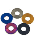 Premium Grade 5 Titanium Flat Washers For M5 M6 M8 M10 Bolts And Nuts in various colors and sizes arranged together.