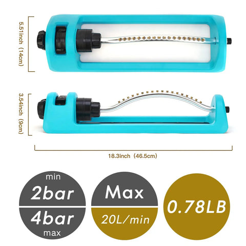18 Brass Nozzles Oscillating Lawn Sprinkler with heavy duty base showcasing size dimensions and flow specifications