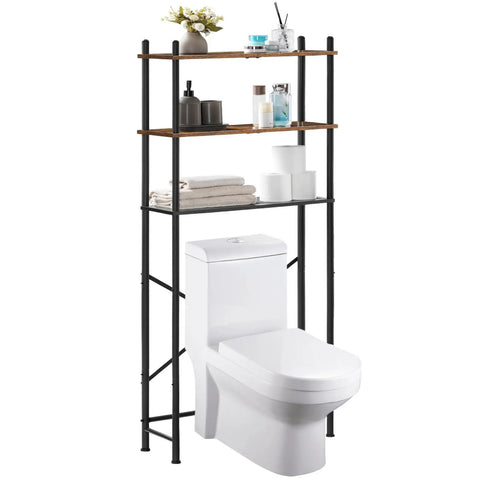 Over The Toilet Storage Organizer 3 Tier Freestanding Bathroom Shelf with adjustable feet, rustic brown and black finish over toilet