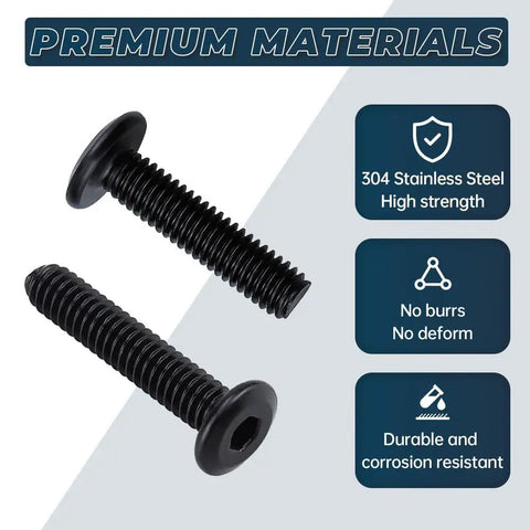 Top Shelf Heavy Duty 1/4-20 X 2 Inch Furniture Connector Bolts And Barrel Nuts Kit With Hex Key In Black 304 Stainless Steel, two black bolts.