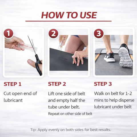 Image showing steps to apply Silicone Treadmill Lubricant For Belt, Easy Apply Formula Keeps ICON Treadmills Running Smooth And Quiet.