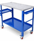 Boss Level Portable Welding Table 36 By 18 Inch Steel Workbench With Hella Tough 1200 Lb Load Rating Brake Lock Casters And Killer Tool Tray For Garage Projects, blue with shelves and wheels.