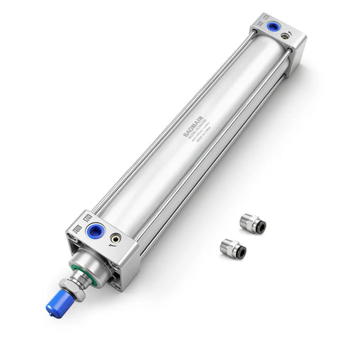 Heavy Duty Pneumatic Air Cylinder 50mm Bore, 300mm Stroke, Double Acting Single Rod, M16X1.5 Threaded Rod, Port Size Quarter Inch, Includes 2 Push In Fittings, Shop Floor Ready, Industrial Grade