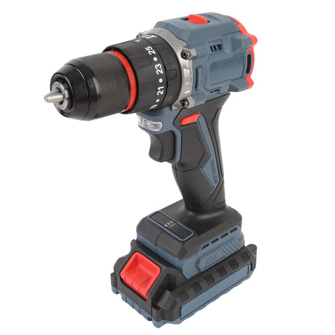 Straight Shooting Cordless Drill Set With Brushless Motor And 25 Sure Fire Torque Settings Running At 1500 Rpm Plus Forward Reverse Gear Switches And Rapid Charge Battery, side view showing 25 torque settings.