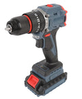 Heavy Duty Brushless Cordless Drill Delivering A Solid 1500 RPM And Kickass 45 Nm Torque Featuring Twenty Five Adjustable Settings US Plug, close-up side view showing controls and drill chuck.
