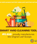 Illustration of a wheelbarrow with yard tools and plants promoting a smart yard cleaning tool, made in the USA by Rugg.