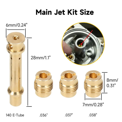 Main jet kit size diagram for Racing 18lb Valve Springs Upgrade For Predator 212cc 196cc 224cc OHV Clone Engines with measurements.