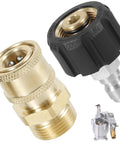 JUNXILPPD 2-pack M22 to 1/4 in pressure washer hose adapters; brass and black quick-connect fittings (close-up).