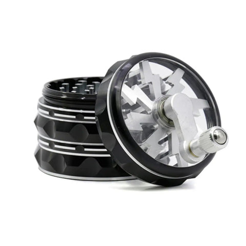 Beast Of A Portable 2.5 Inch Hand Crank Grinder With Clear Top Cover, Large Aluminum Alloy Herb Grinder, Foldable Handle, Sleek Black Design