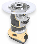 Six Inch Clear Acrylic Router Base Plate With Precision Pre Drilled Holes For DWP611 And DCW600B Compact Routers mounted on router.