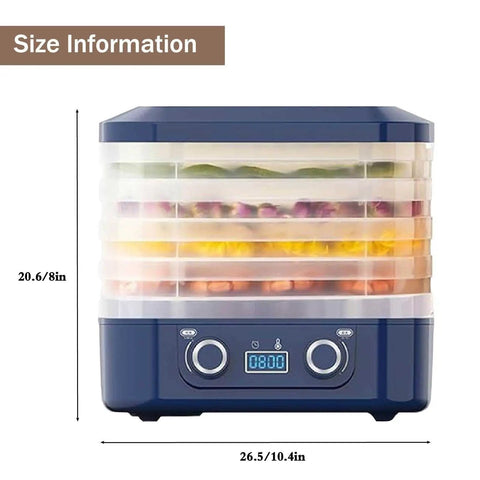 No Sweat Compact Home Dehydrator for Countertops with five stackable trays and digital timer, dimensions 20.6in x 26.5in.