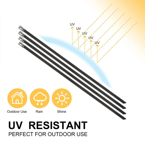 Four 11.8 inch UV resistant heavy duty stainless steel zip ties for outdoor use