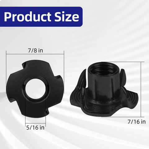 5/16-18 Tee Nuts Four Pronged Black Zinc Plated Steel For Wood And Furniture Projects showing product dimensions