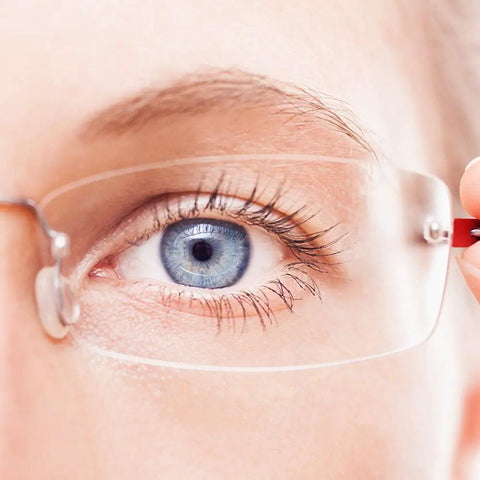 Close-up eye wearing glasses showing the use of Complete Eyeglass Repair Kit Featuring 1500 Micro Screws And Nose Pads For Glasses Sunglasses And Prescription Frames.