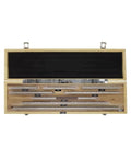 Heavy Duty Gauge Block Set Featuring Eight Hardened Tool Steel Setup Bars Spanning 125 To 500 Mm in wooden case, showcasing precise size markings.