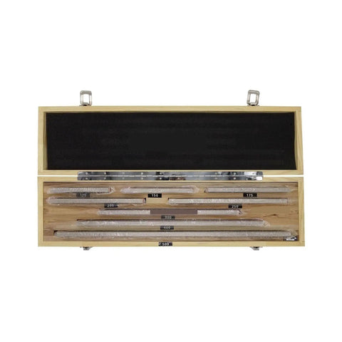 Heavy Duty Gauge Block Set Featuring Eight Hardened Tool Steel Setup Bars Spanning 125 To 500 Mm in wooden case, showcasing precise size markings.