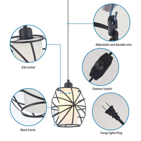 Glass Pendant Plug In Hanging Light With Dimmable Switch Swag Style Lamp For Kitchen Island Bedroom Living Room And Dining Room 16 Ft Cord Easy Install Clear Glass Shade Modern Home Lighting details including dimmer switch, black finish, and plug.