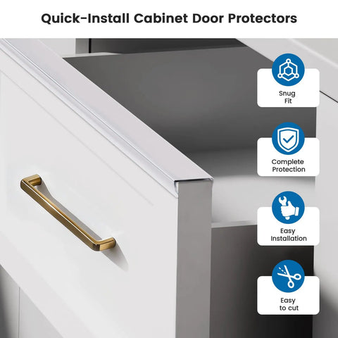 Six Pack 18 Inch Clear Cabinet Door Kick Guards Tailored For Flat Three Quarter Inch Panels With A Slick Stealth Look And No Hassle Peel Stick Setup To Dodge Shoe Scuffs And Keep Cabinets Looking Mint, showing snug fit on a white cabinet.