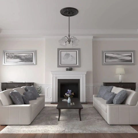Living room with Jet Black Ceiling Medallion 31 1/2 Inch Outer Diameter 3 5/8 Inch Inner Diameter 1 3/4 Inch Projection Lightweight